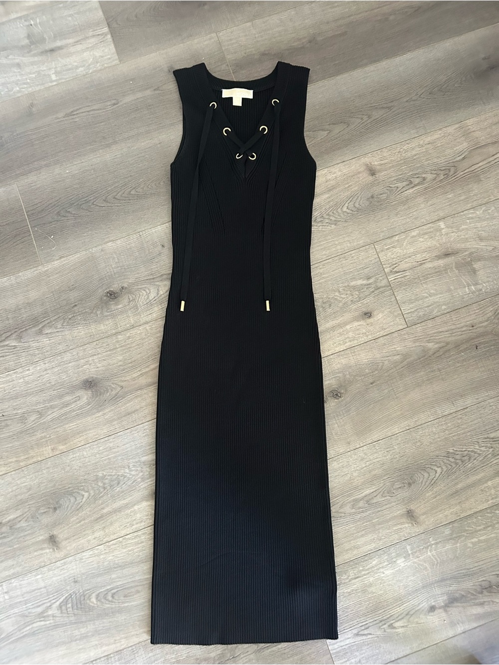 Michael Kors Black Sleeveless Ribbed Lace-Up Maxi Dress